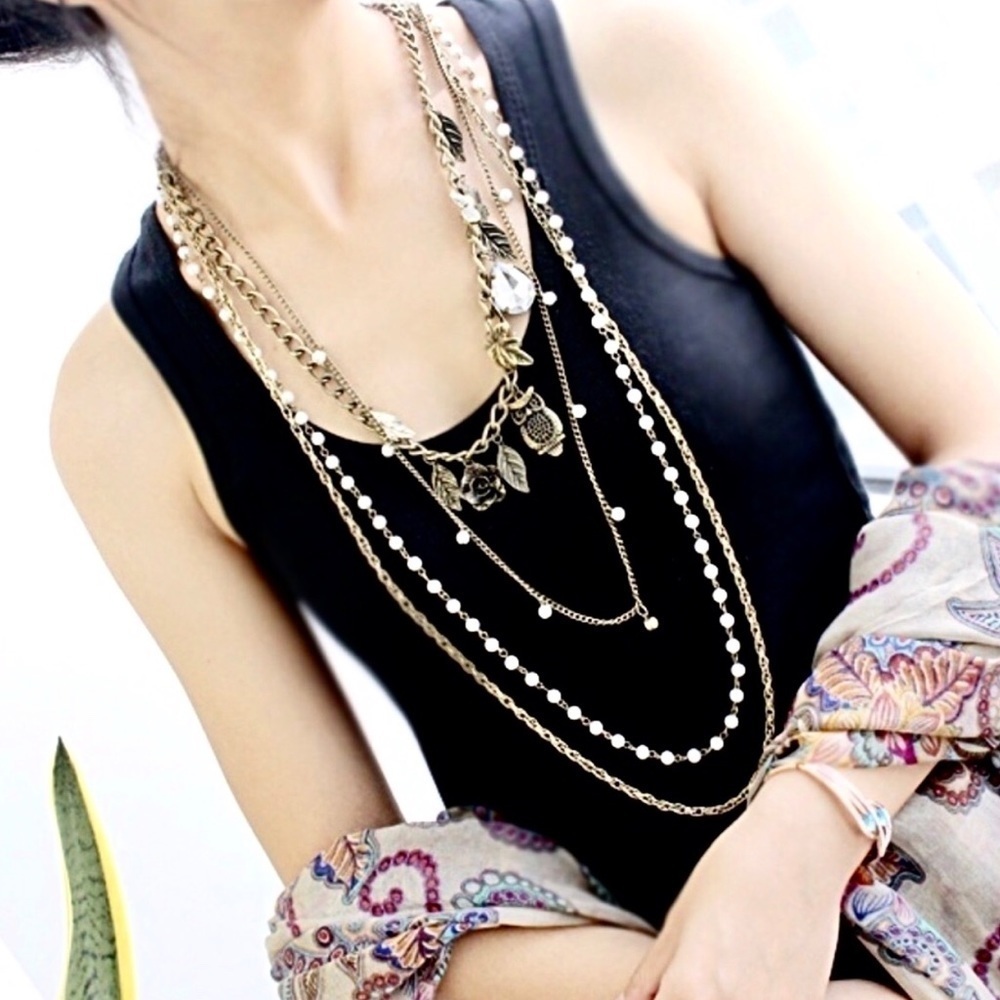 4 layer bohemian statement charm necklace